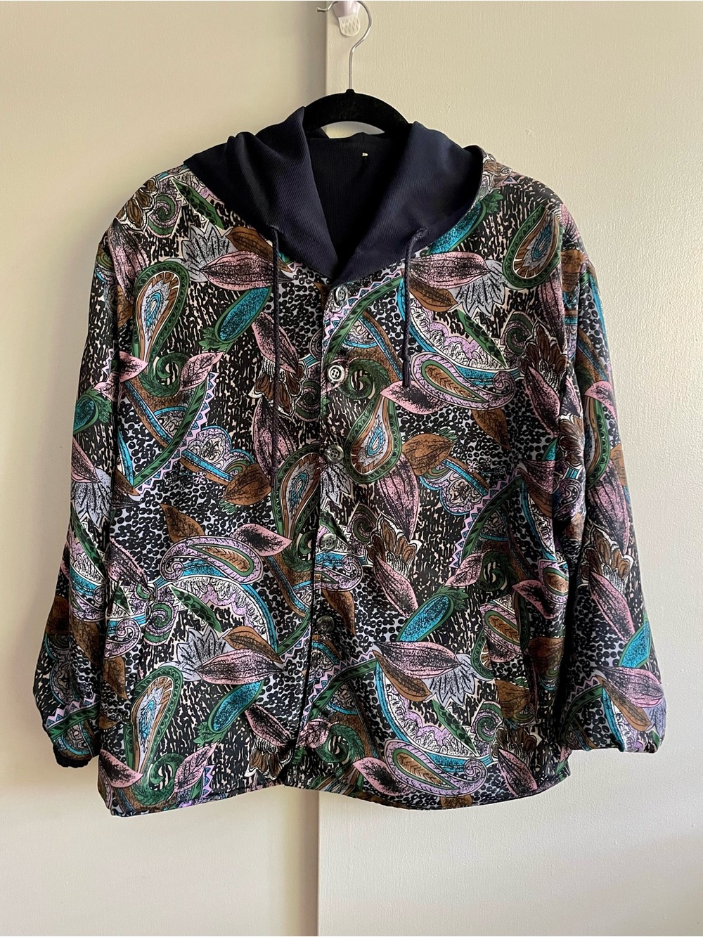 Vintage Reversible Hooded Jacket Paisley Print Solid Navy Blue Boho Windbreaker